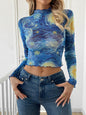 Blue Printed Small Stand Collar Starry Sky Mesh Short T-shirt