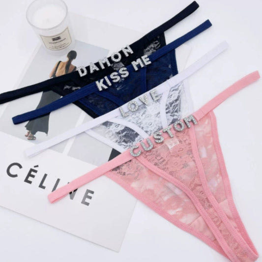 Rhinestone Lettered Lace Low-rise European And American Thong