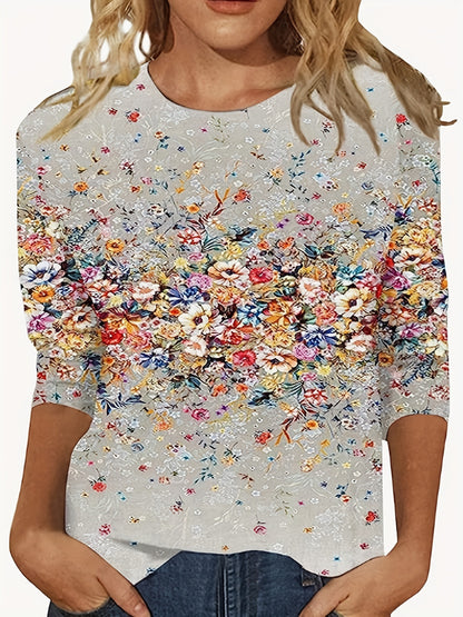 European And American Flower Plant Printed Round Neck Long Sleeve