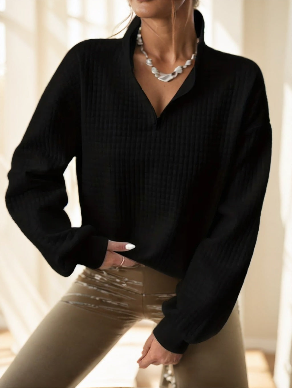 Waffle Grid Quarter Zip Pullover Sweatshirt