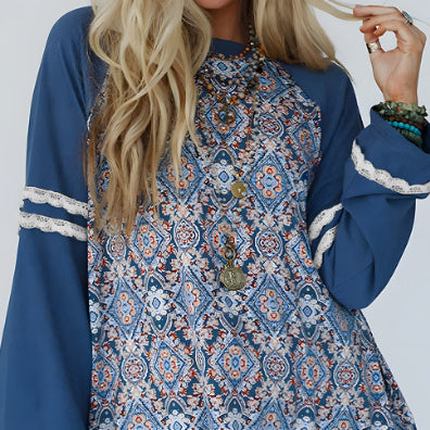 Blue Geometric Printed Lace Patchwork Ric Rac Raglan Long Sleeve Top