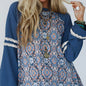 Blue Geometric Printed Lace Patchwork Ric Rac Raglan Long Sleeve Top