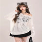 Retro Graffiti Lace Shoulder Knitted Hoodie Long Sleeve T-shirt For Women