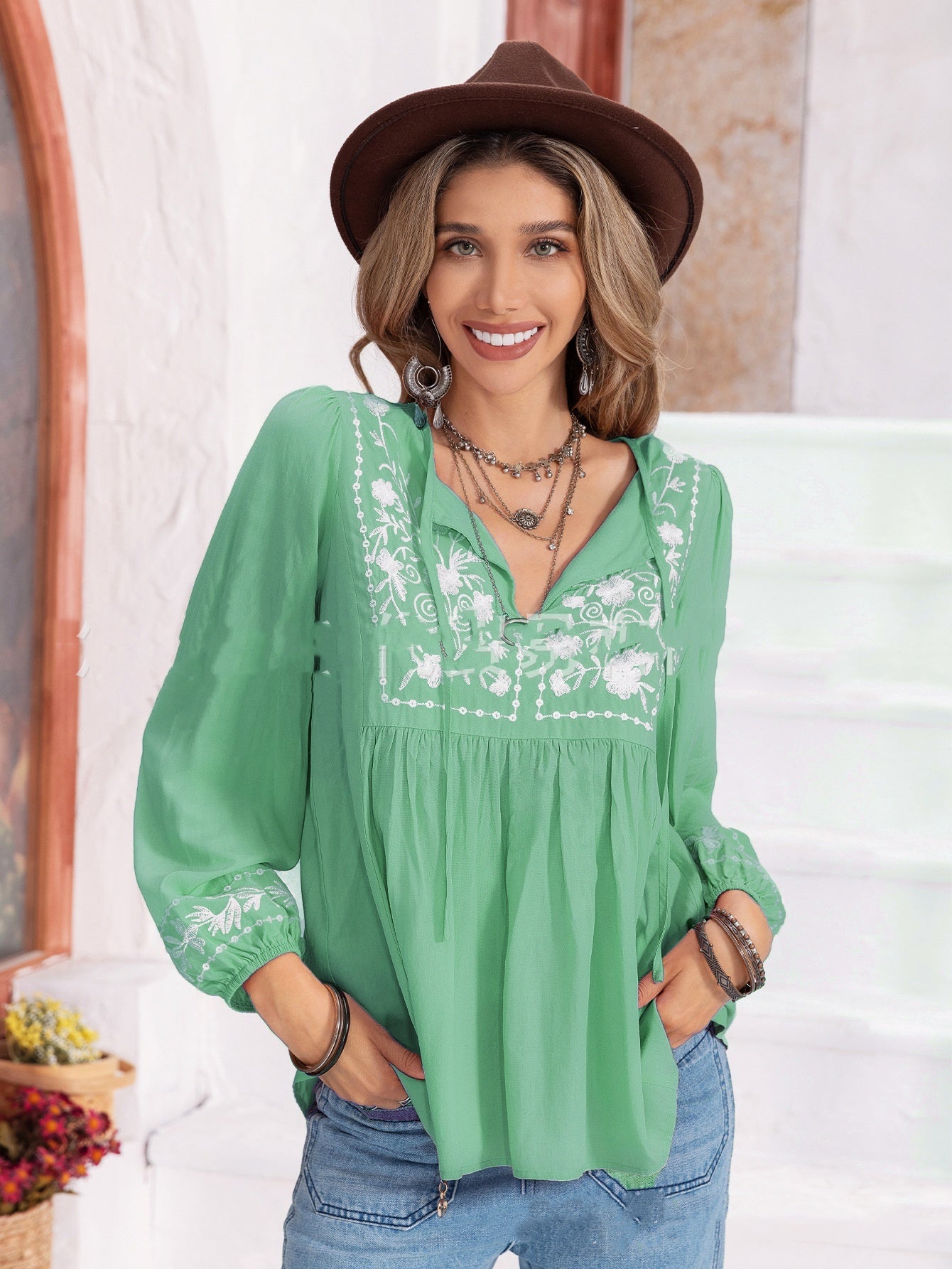 Embroidered Lantern Nine-quarter Sleeve Women's Top