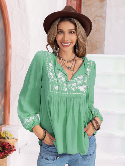 Embroidered Lantern Nine-quarter Sleeve Women's Top