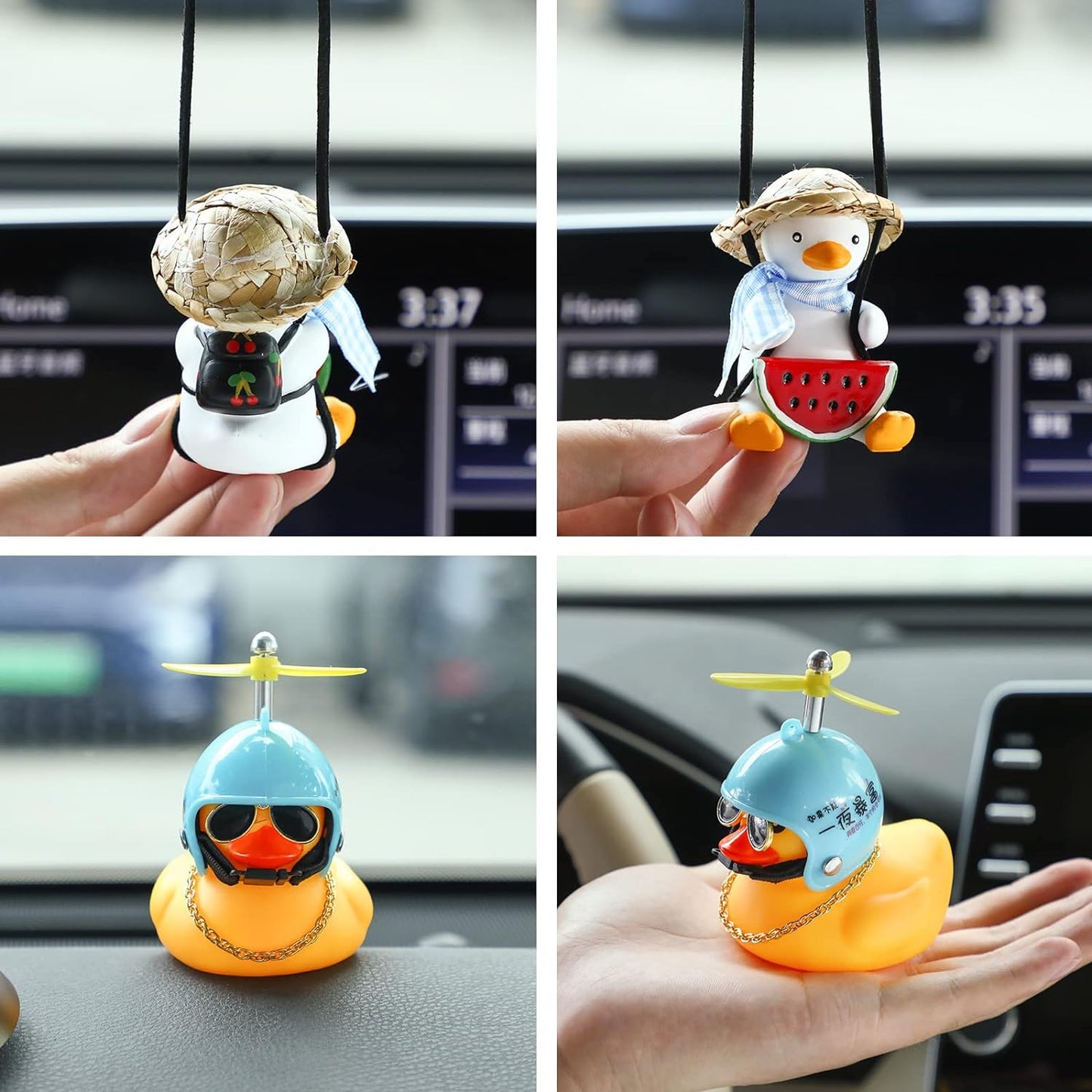 2 Pieces Swinging Duck Car Hanging Ornament Rubber Car Duck Car Ornament with Propeller Helmet Swing Duck Car Rear View Mirror Pendant Yellow Duck Car Dashboard for Car Decor(Chic Style)