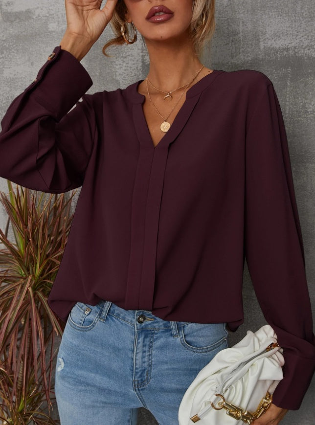 Solid Notched Buttoned Cuff Blouse,Long Sleeve Tops