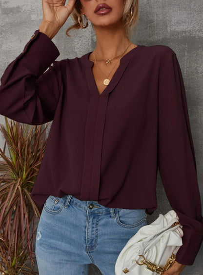 Solid Notched Buttoned Cuff Blouse,Long Sleeve Tops