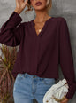 Solid Notched Buttoned Cuff Blouse,Long Sleeve Tops
