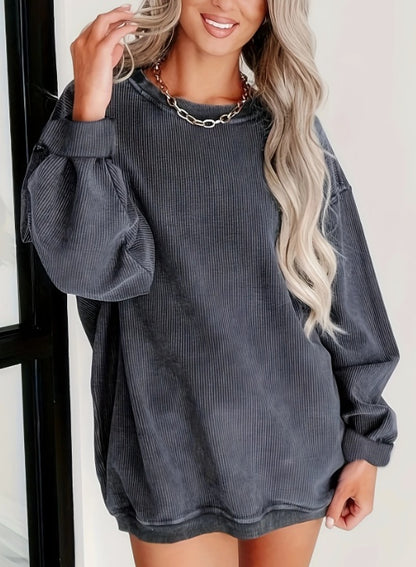 Solid Ribbed Pullover Sweatshirt