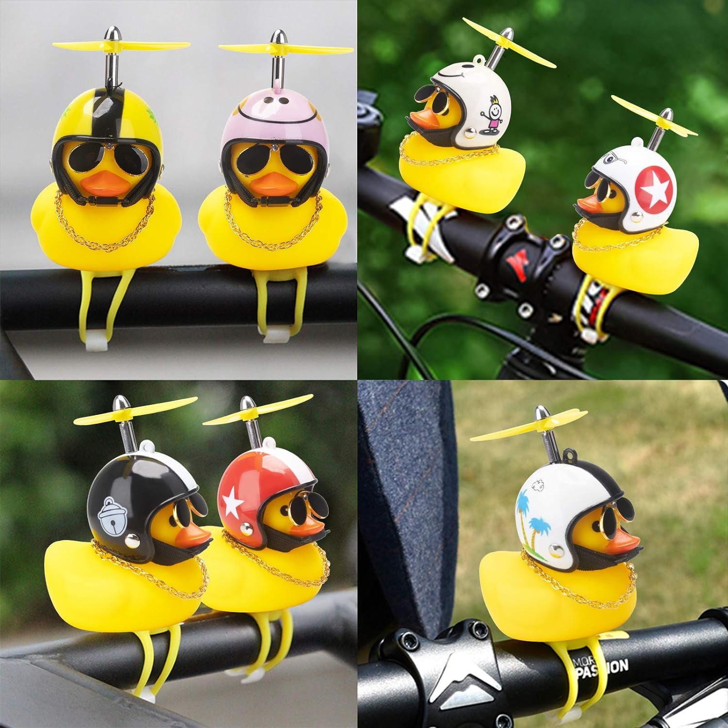 Rubber Duck Car Ornaments, 2Pcs Yellow Duck Car Dashboard Decorations Squeeze Duck Bicycle Horns with Propeller Helmet
