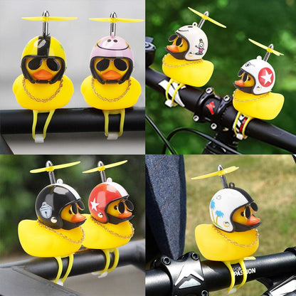 Rubber Duck Car Ornaments, 2Pcs Yellow Duck Car Dashboard Decorations Squeeze Duck Bicycle Horns with Propeller Helmet