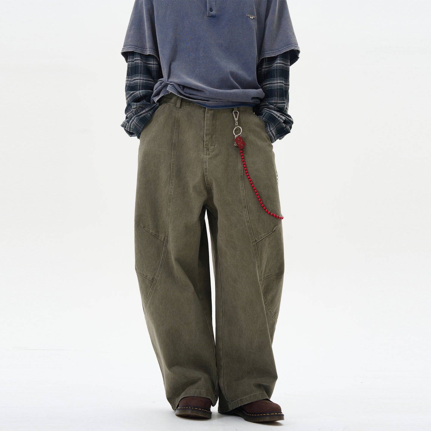 American Retro Green Brown Loose Matchet Pants Men And Women