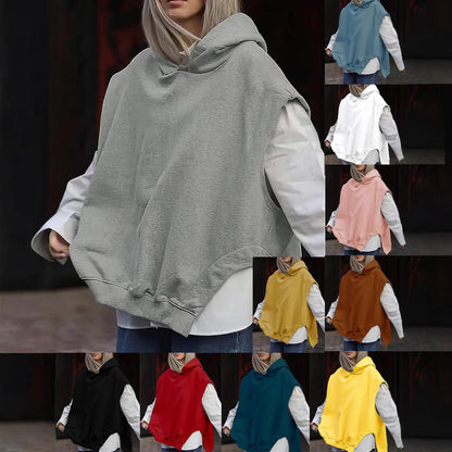 Women's Solid Color Style Loose Sleeveless Hooded Jacket Sweater