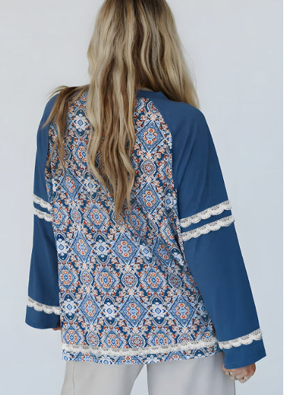 Blue Geometric Printed Lace Patchwork Ric Rac Raglan Long Sleeve Top