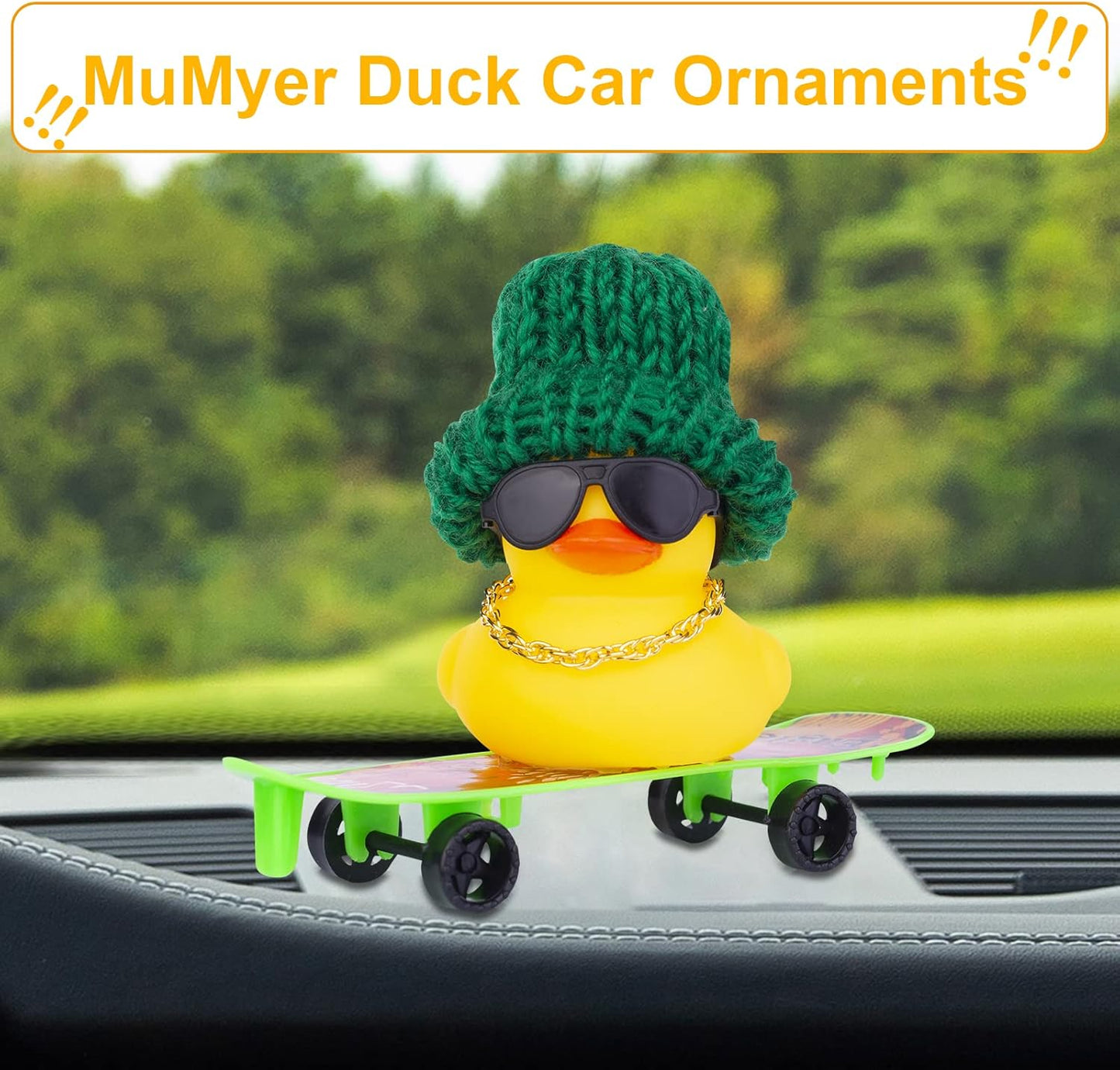 Winter Duck Car Ornament, Rubber Duck Car Decoration Accessories with Mini Hat, Sunglasses, Necklace and Skateboard